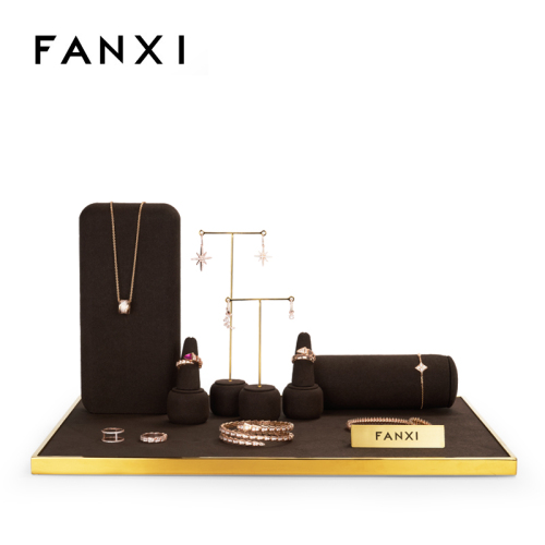 FANXI TT095 Newest Arrival Coffee Microfiber Jewelry Metal Display For Ring Earring Pendant Necklace Showcase Jewelry Stands