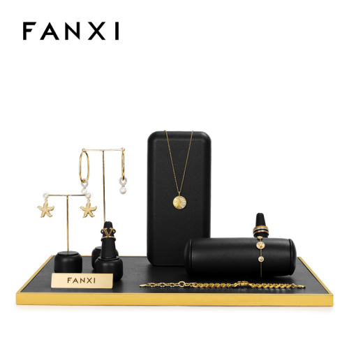 FANXI TT097 Newest Arrival Black PU Leather Jewelry Metal Display For Ring Earring Pendant Necklace Showcase Jewelry Stands