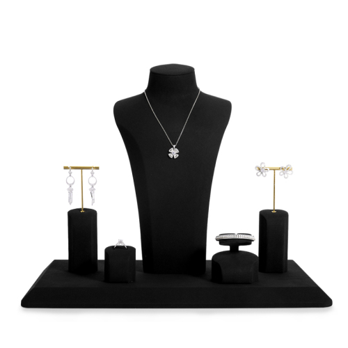 FANXI TT086 New customized black microfiber and golden metal jewelry stand ring earring pendant bangle holders jewelry display set