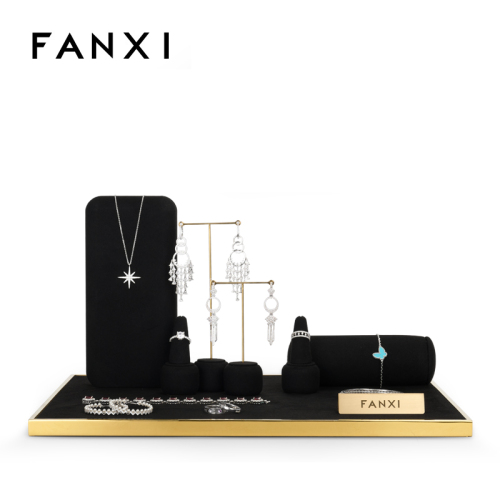 FANXI TT094 Luxury Newest Black Micrfoiber Jewelry Metal Display For Ring Earring Pendant Necklace Showcase Jewelry Stands