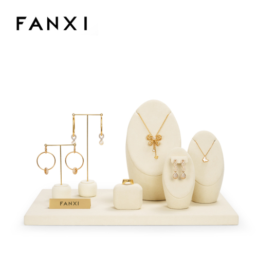 FANXI TT101 customized beige microfiber jewelry display stand for showcase ring earrings bracelet necklace metal jewelry display set