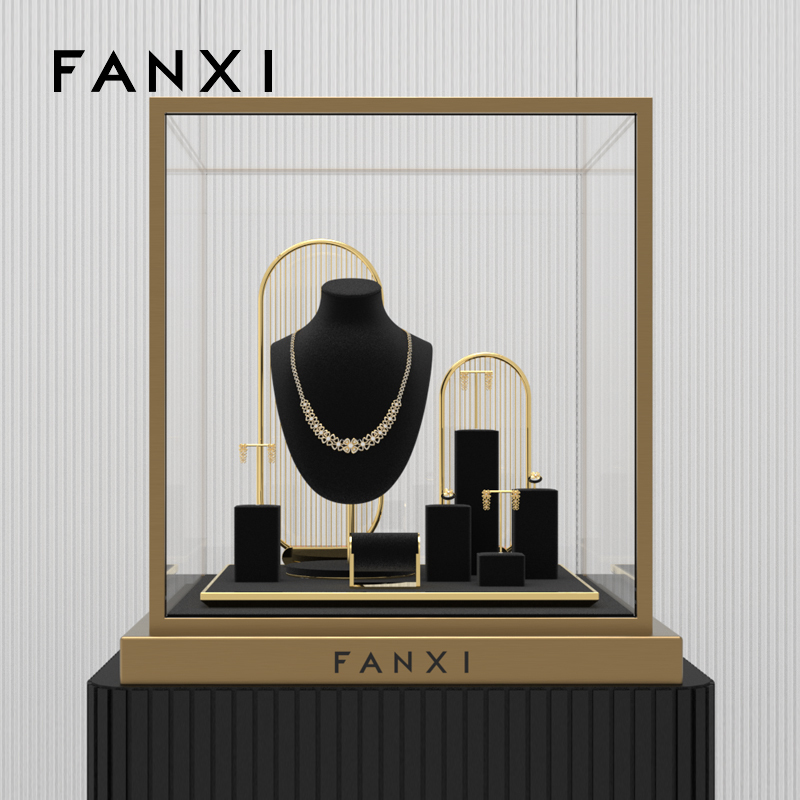 FANXI TT102 metal black microfiber jewelry display sets for showcase ring earring pendant bracelet bangle necklace store display set