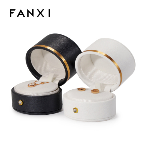 FANXI H117 new special double pad earring necklace ring with PU leather ribbon velvet and gold button round shape custom box jewelry
