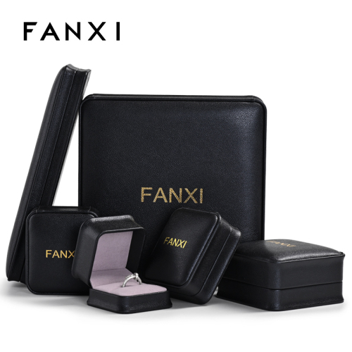 FANXI H124 Custom Logo Top Quality Black PU Leather microfiber Boxes Ring Necklace Bracelet Gift Packaging Plastic Jewelry Box