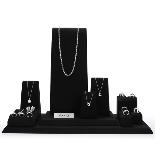 FANXI TT111 New Arrival Luxury Custom Black microfiber Jewelry Display Stand for ring necklace Jewelry Window showcase Display Set