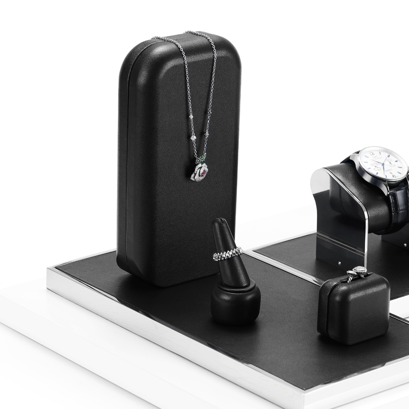 FANXI TT113 New Arrival Luxury Custom PU Leather Metal Jewelry Display Stand Black Jewelry Window Display Set
