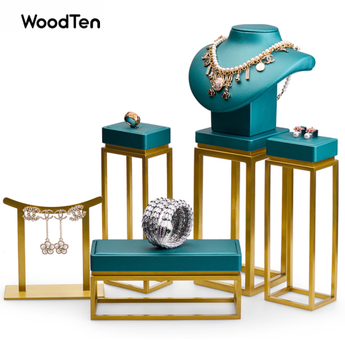FANXI JS047 custom high-end golden metal frame green PU leather jewelry display set for necklace pendant earring ring