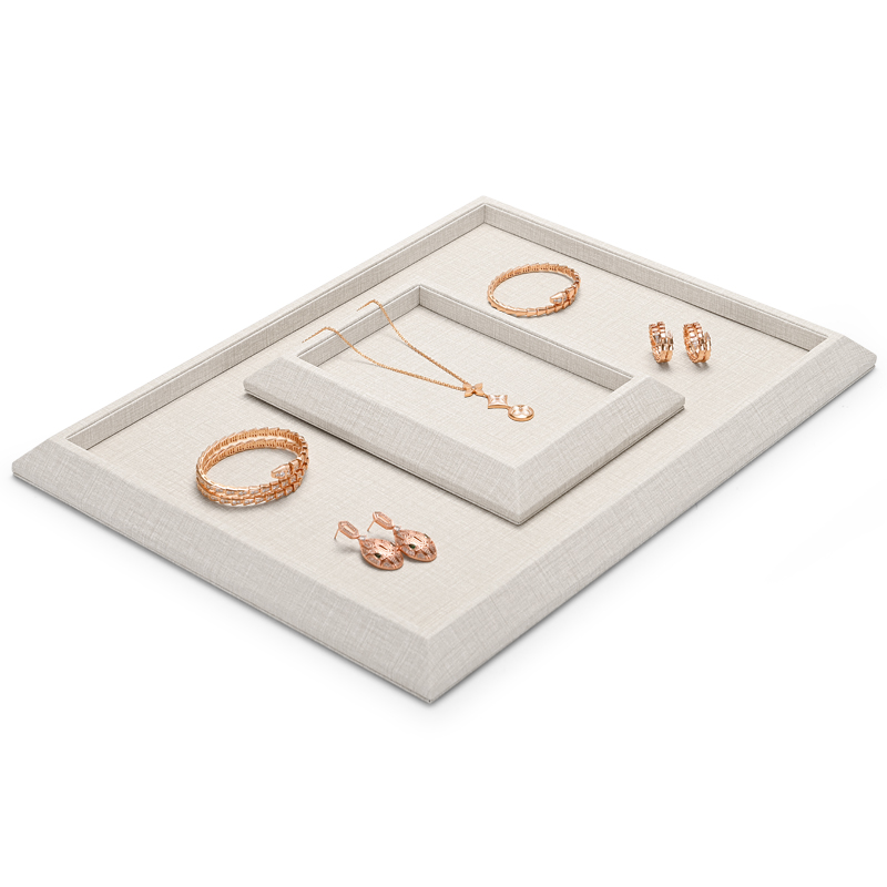 FANXI PU080 Wholesale New Beige PU Leather And Microfiber Jewelry Plate Ring Earrings Necklace Bangle Jewelry Showcase Display Tray