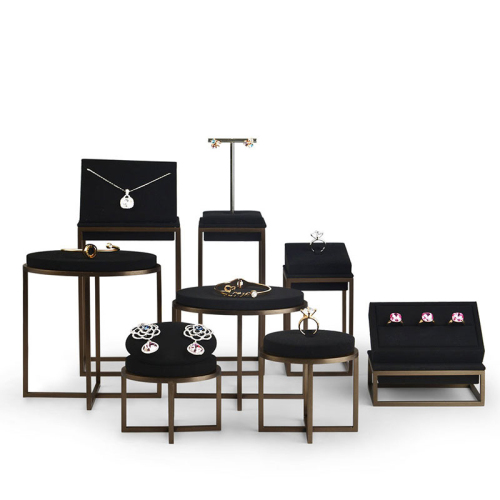 Fanxi JS001 luxury jewelry display black pu leather with metal jewelry shop exhibitor holder Display Set jewelry Stand