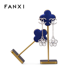 FANXI JS062 Luxury Stainless Steel Base Royal Blue PU Leather Jewelry Display Earrings