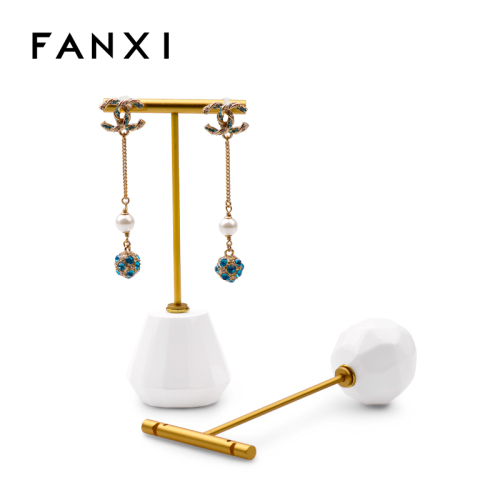 FANXI JS060 Custom T-bar Jewelry Display Stand Fashion White Resin Golden Metal Jewelery Props Jewelry Store Window Display