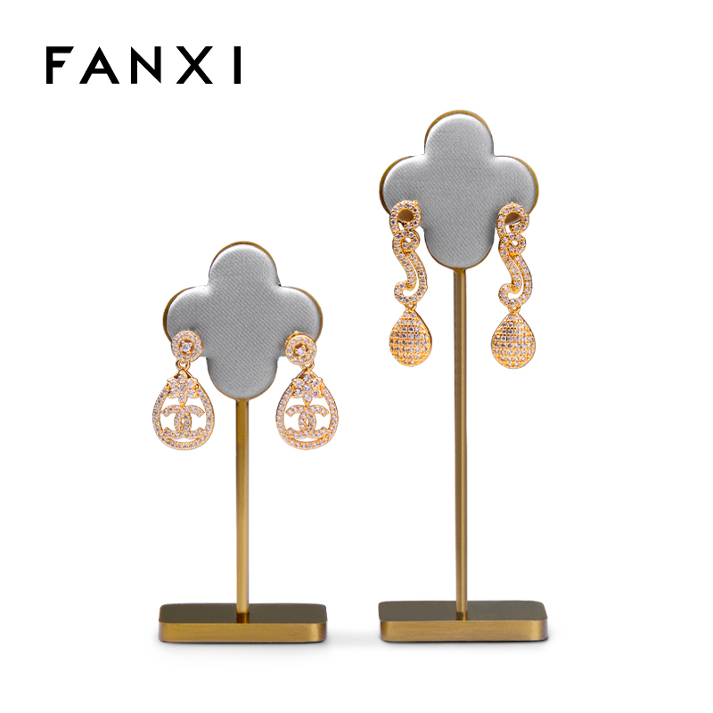 FANXI JS063 Custom Luxury Gold Base Grey PU Leather Jewelry Display for Earrings