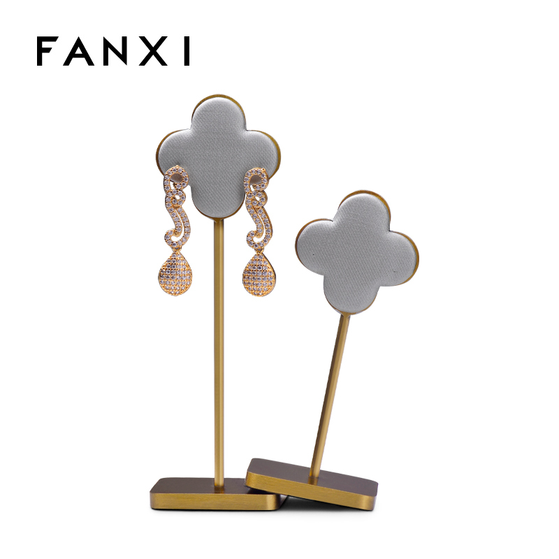 FANXI JS063 Custom Luxury Gold Base Grey PU Leather Jewelry Display for Earrings