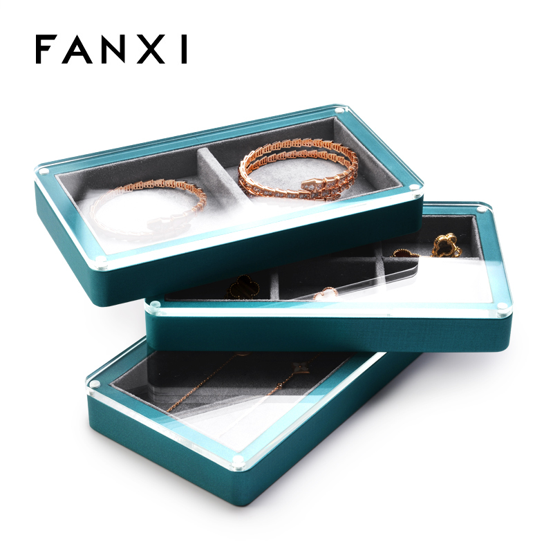 FANXI PU049 New Arrival MDF display case for ring bracelet bangle with clear acrylic lid jewelry box