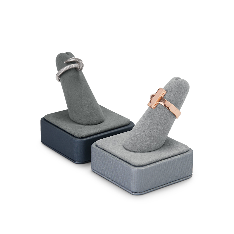 FANXI PU064 New arrival Luxury Gray PU leather microfiber jewelry ring display Finger holder showcase Jewelry wood stand set