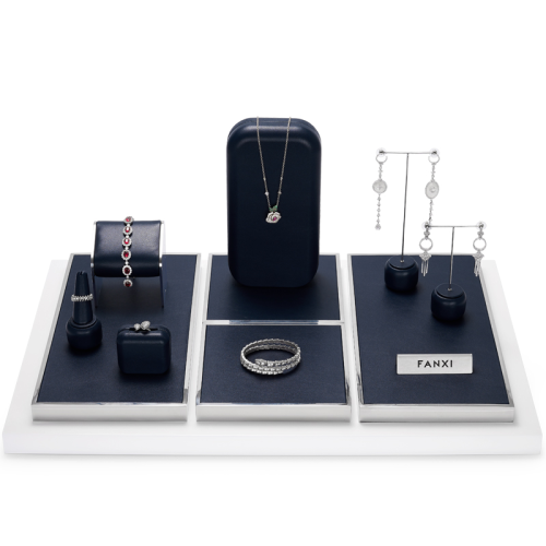 FANXI TT116 new customized blue leather silver metal jewelry display for showcase ring earrings bracelet necklace jewelry display set