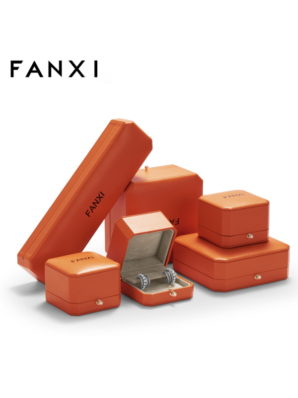 FANXI H136 hot sale custom orange PU leather jewelry box with gold stamp logo ring earrings necklace bracelet jewelry packaging
