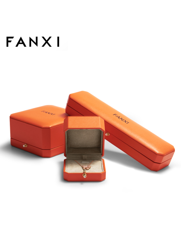 FANXI H136 hot sale custom orange PU leather jewelry box with gold stamp logo ring earrings necklace bracelet jewelry packaging