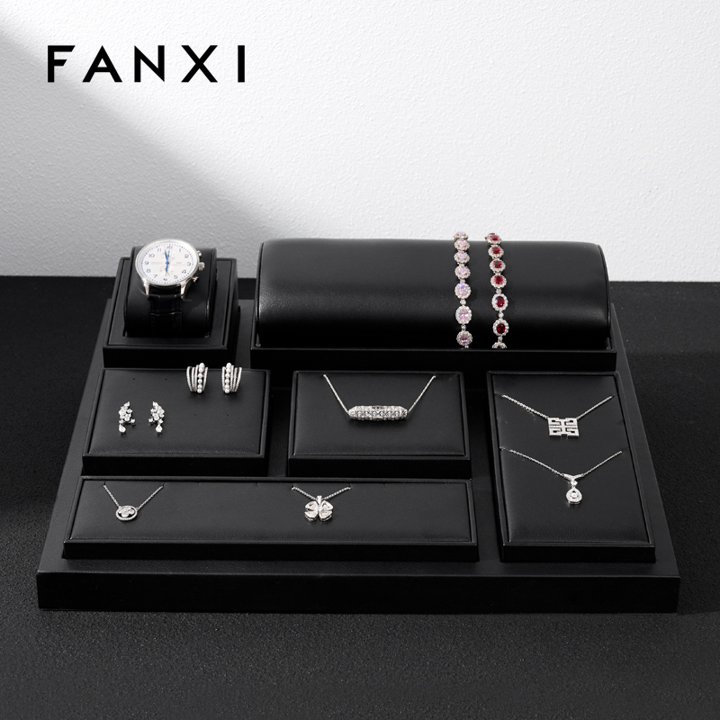 FANXI TT135 New Model Jewelry Display Sets With Black Pu Leather For Ring Earring Window Display Sets