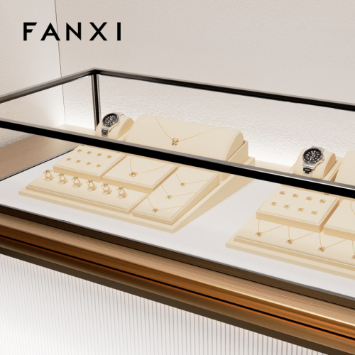 FANXI TT136 new customize beige leather jewelry display stands watch ring earrings bracelet necklace jewelry cabinet display sets