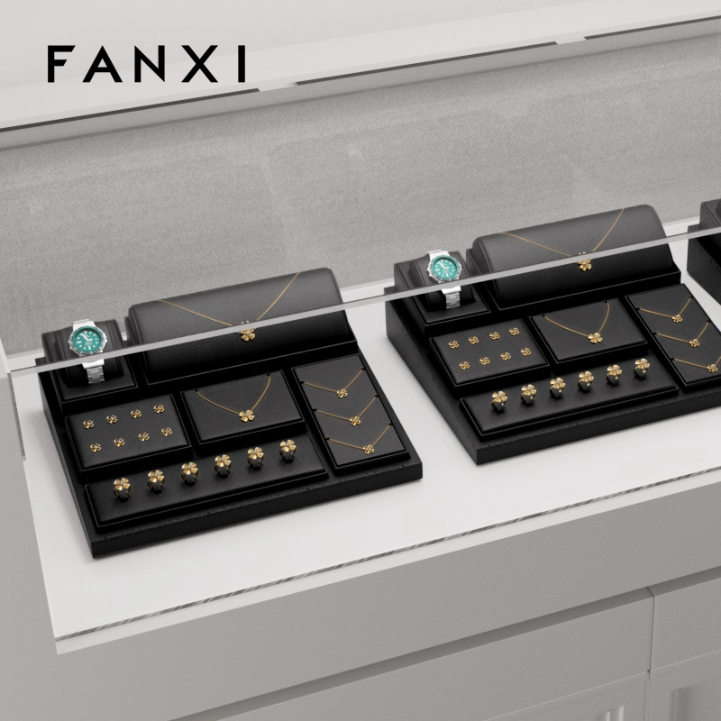 FANXI TT135 New Model Jewelry Display Sets With Black Pu Leather For Ring Earring Window Display Sets