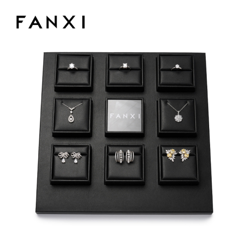 FANXI TT138 Newest Custom luxury jewelry Display plates with black pu leather for ring necklace Jewelry Window Display Sets