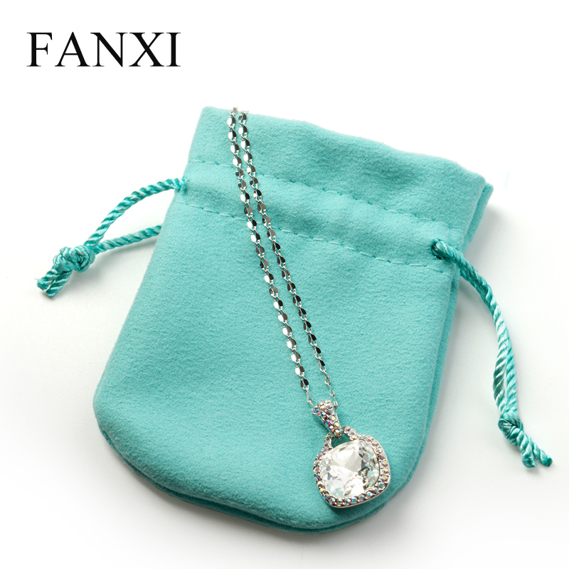 FANXI D02201 Wholesale Custom Logo Drawstring Blue Color Jewelry Bag Suede Pouch