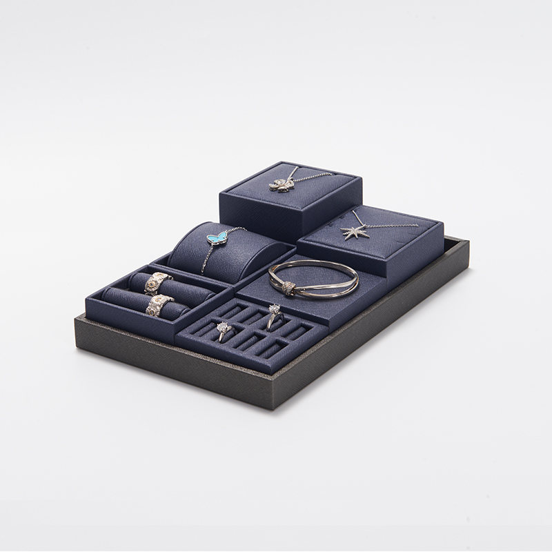 Custom color/design navy blue pu leather jewelry display set