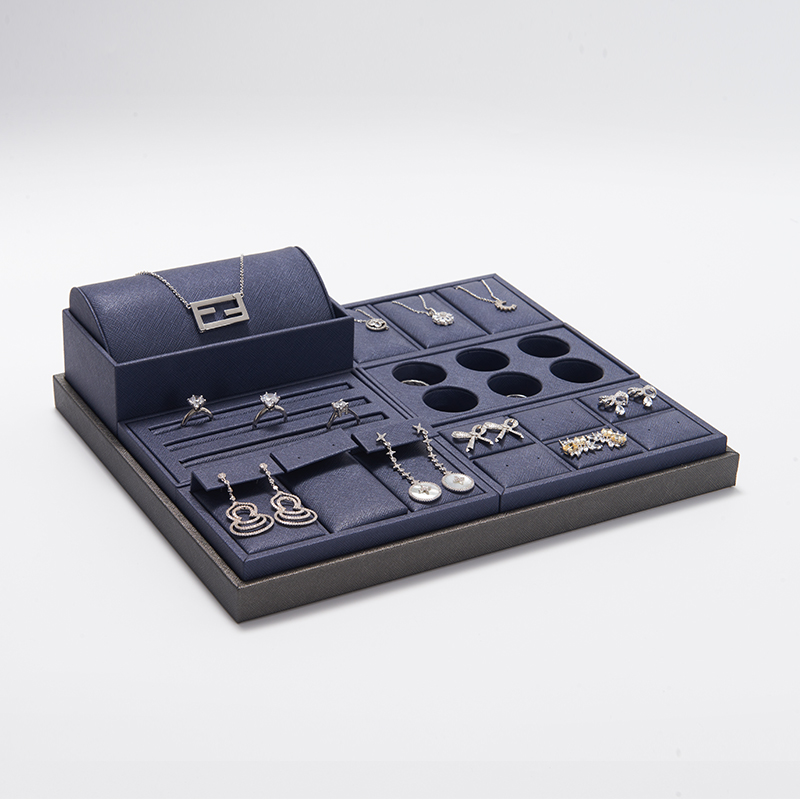 Custom color/design navy blue pu leather jewelry display set