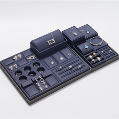Custom color/design navy blue pu leather jewelry display set