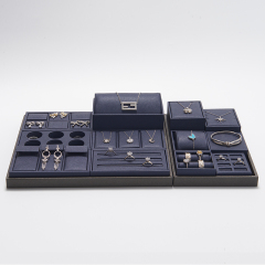 Custom color/design navy blue pu leather jewelry display set