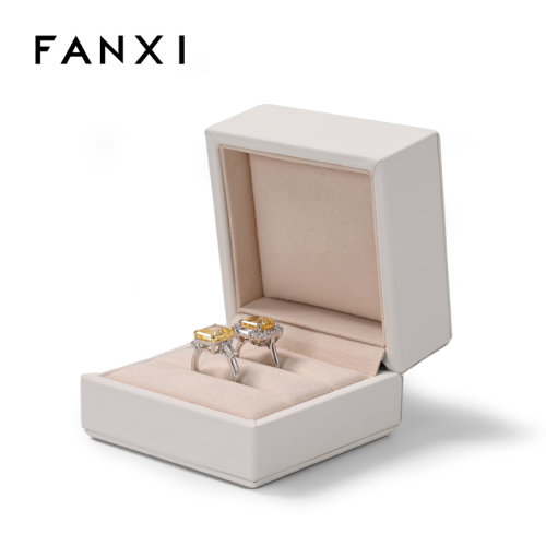 FANXI new design white pu leather outside beige microfiber inside square jewelry box for double rings