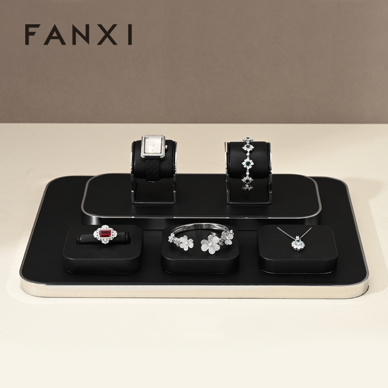 FANXI TT199 new fashion design black pu leather jewelry display sets for jewelry store cabinet