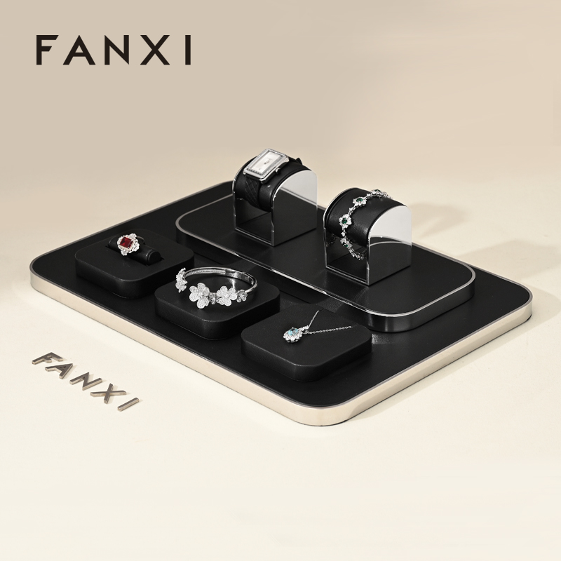 FANXI TT199 new fashion design black pu leather jewelry display sets for jewelry store cabinet