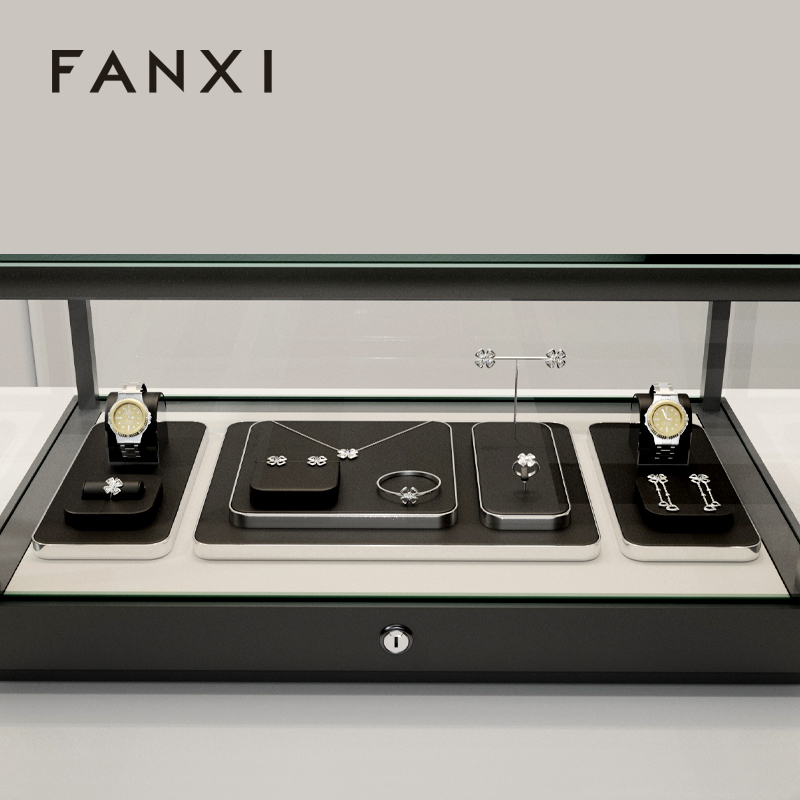 FANXI TT199 new fashion design black pu leather jewelry display sets for jewelry store cabinet