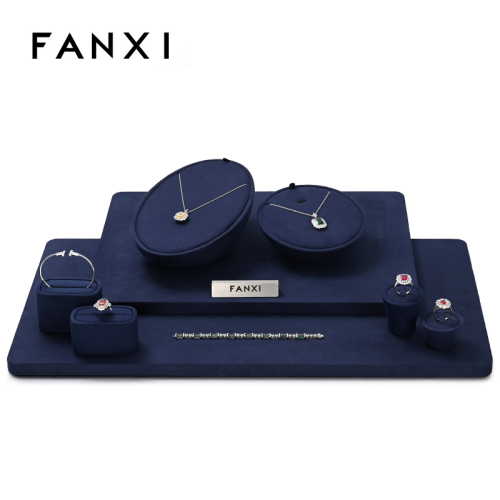 FANXI TT243 dark blue pu leather jewelry display sets for store showcase
