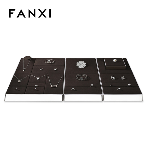 FANXI new arrival fashion design JS101 brown microfiber with silver metal base jewelry display set for jewelry showcase