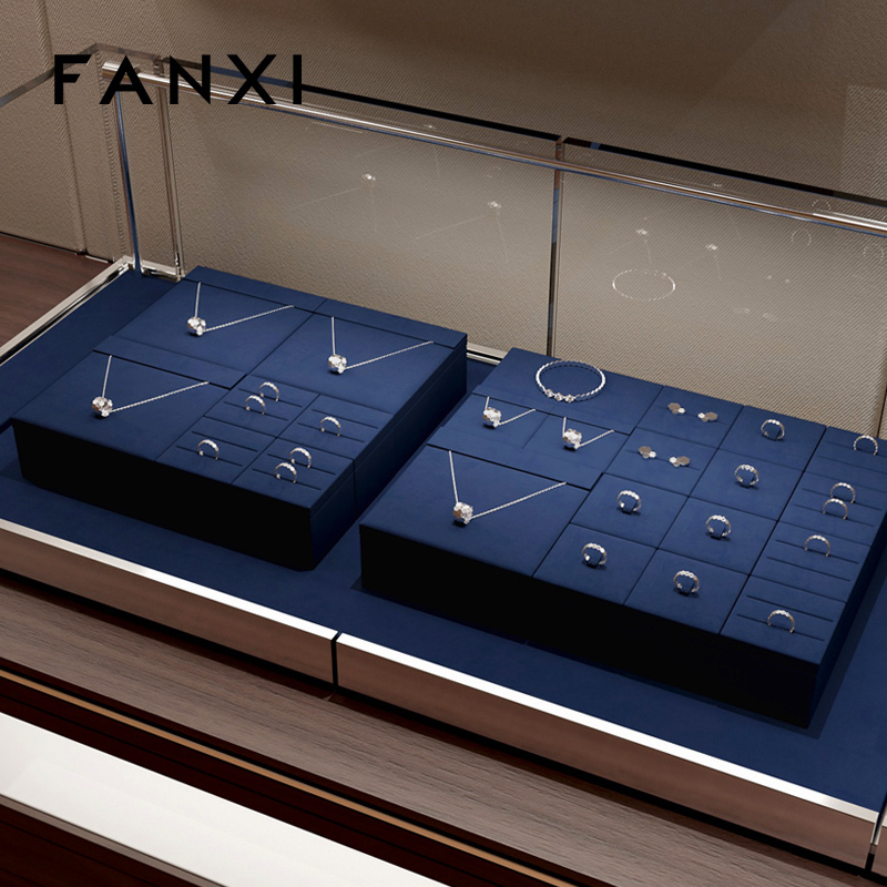 FANXI TT235 New Jewelry Display Set Blue Color Luxury Showcase Tray Microfiber Display Jewelry Necklace Display