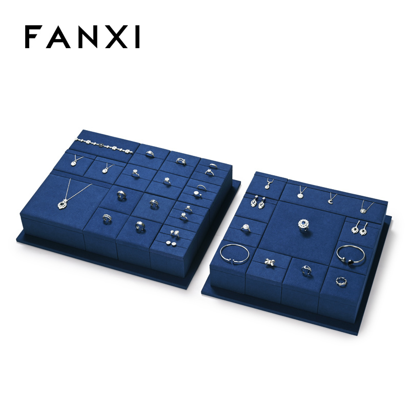 FANXI TT235 New Jewelry Display Set Blue Color Luxury Showcase Tray Microfiber Display Jewelry Necklace Display