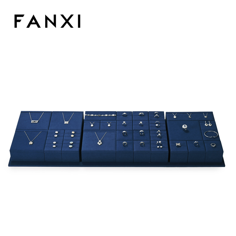 FANXI TT235 New Jewelry Display Set Blue Color Luxury Showcase Tray Microfiber Display Jewelry Necklace Display