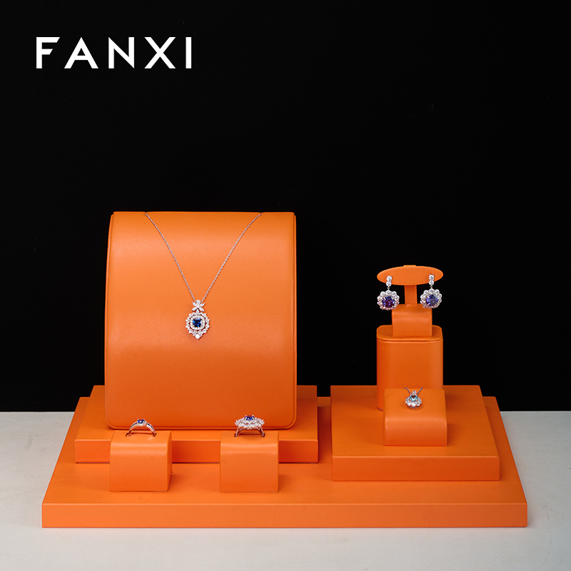 FANXI original design new arrival TT225 attractive orange pu leather jewelry display set for jewelry store