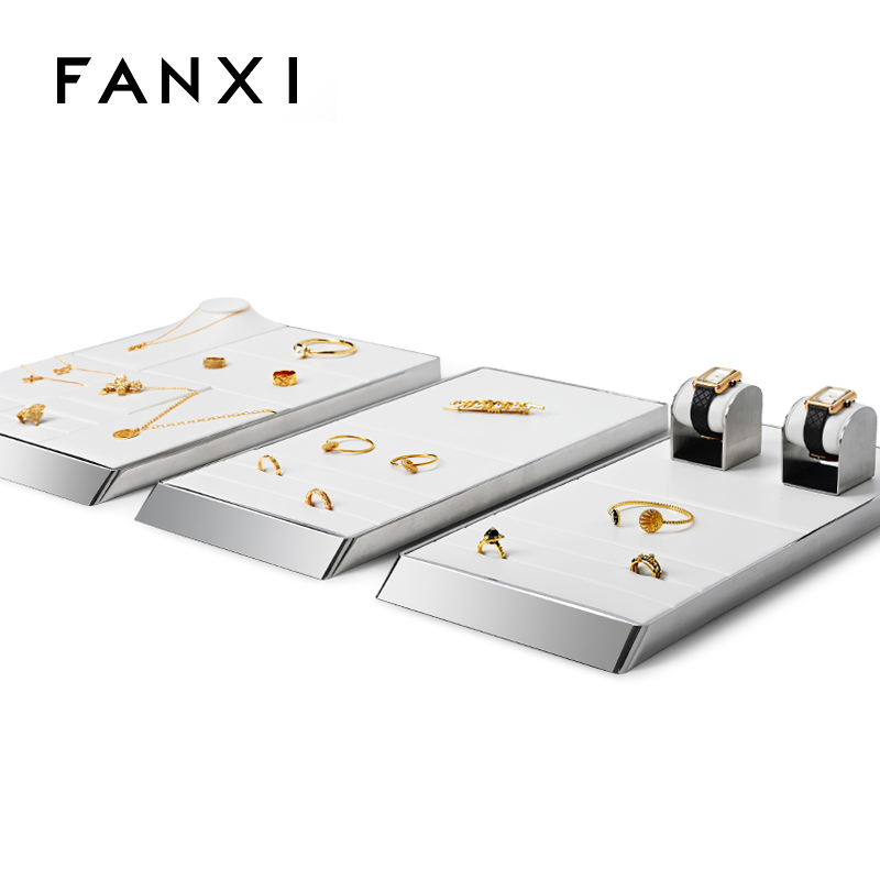FANXI JS099 white PU leather jewelry square style ring earring watch bangle necklace pendant bracelet exhibition
