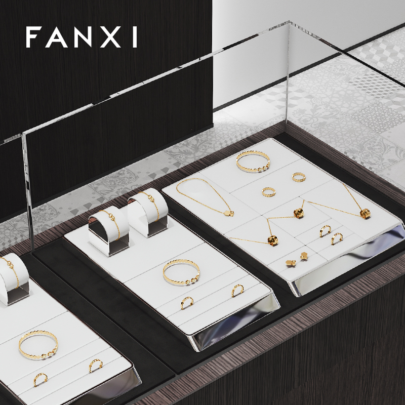 FANXI JS099 white PU leather jewelry square style ring earring watch bangle necklace pendant bracelet exhibition