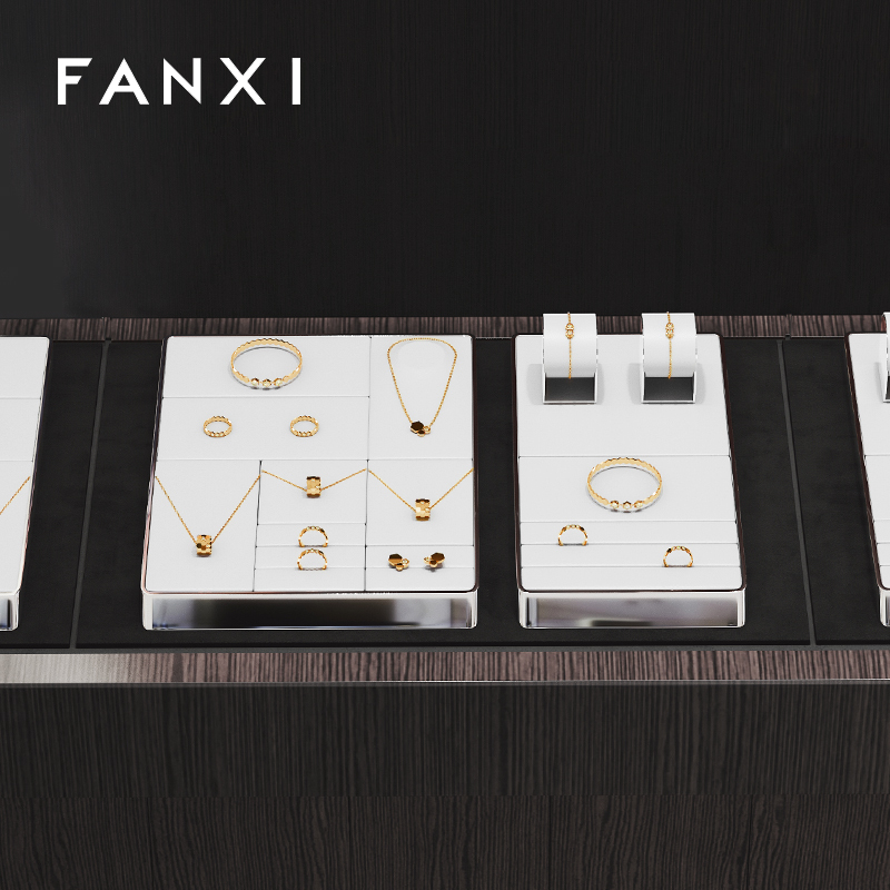 FANXI JS099 white PU leather jewelry square style ring earring watch bangle necklace pendant bracelet exhibition
