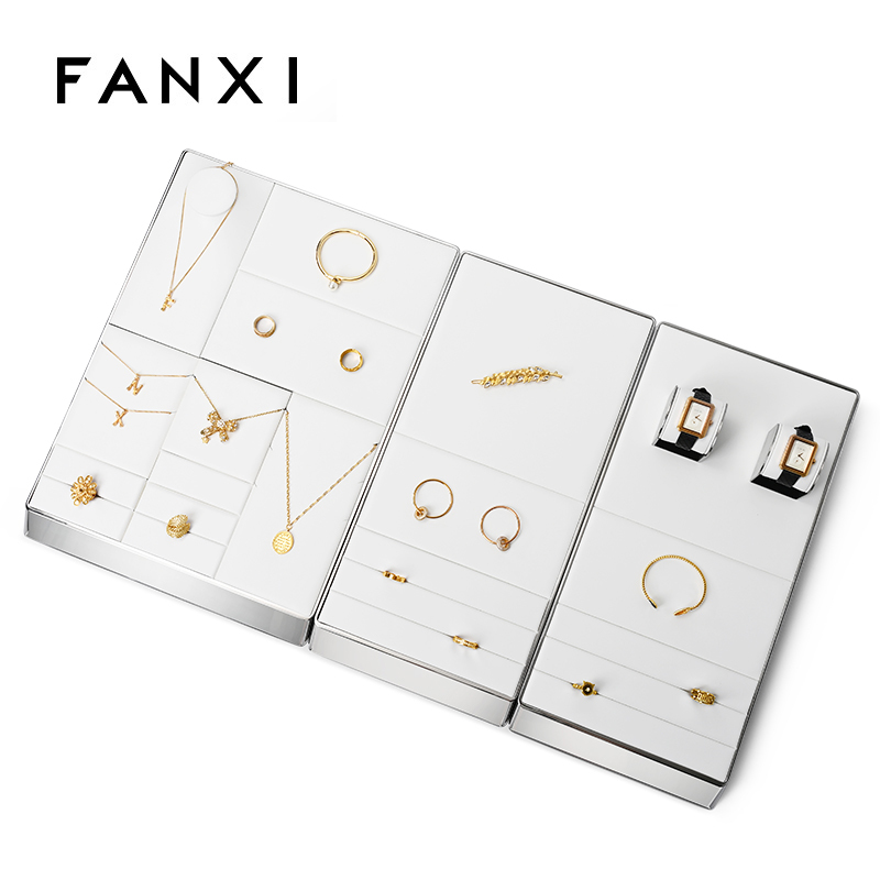 FANXI JS099 white PU leather jewelry square style ring earring watch bangle necklace pendant bracelet exhibition