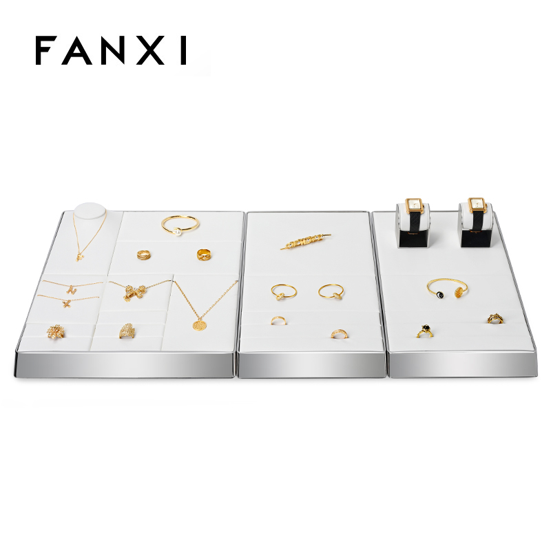 FANXI JS099 white PU leather jewelry square style ring earring watch bangle necklace pendant bracelet exhibition