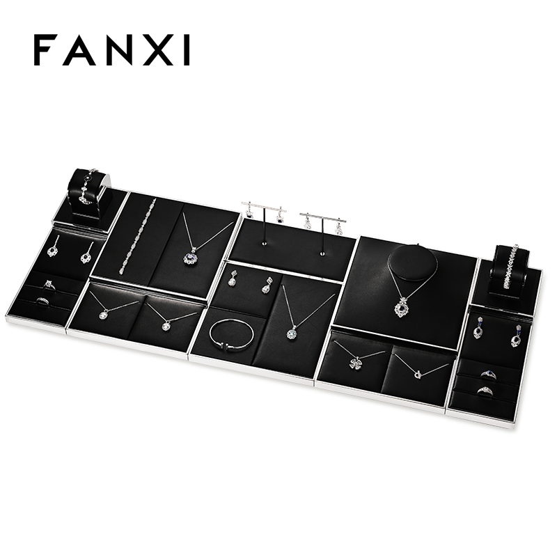 FANXI JS109 black pu leather jewelry square style ring pendant earring exhibition