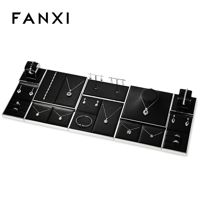 FANXI JS109 black pu leather jewelry square style ring pendant earring exhibition