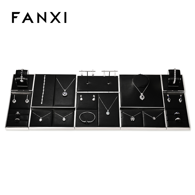FANXI JS109 black pu leather jewelry square style ring pendant earring exhibition