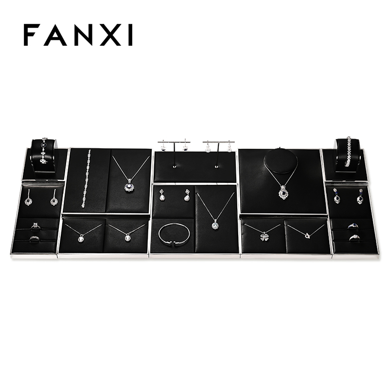 FANXI JS109 black pu leather jewelry square style ring pendant earring exhibition